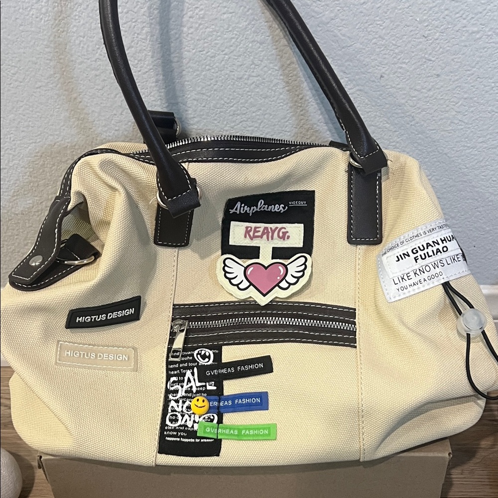 Trendy Beige Satchel with Fun Patches